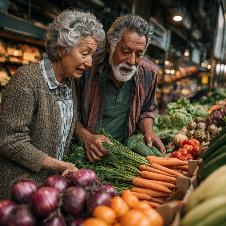 Adultos mayores disfrutando comida saludable